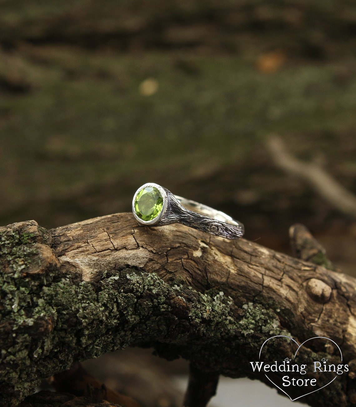 Big Bezel Peridot with Simple Silver Woodbark Earthy Ring