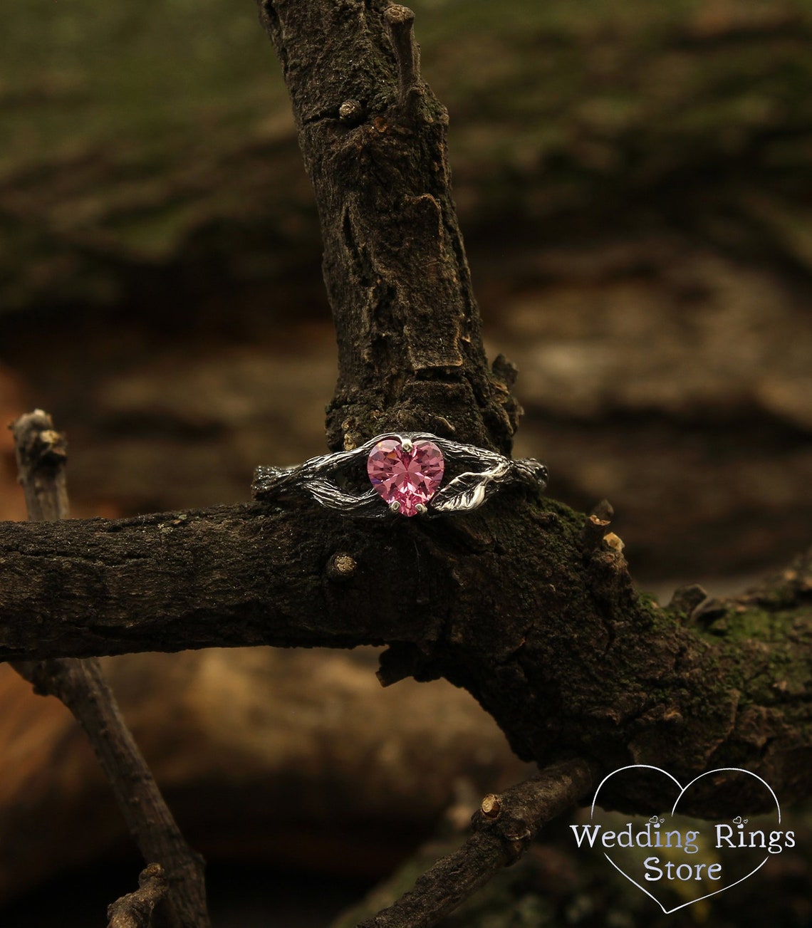 Silver Split Branch with Leaf & Heart Gemstone Ring