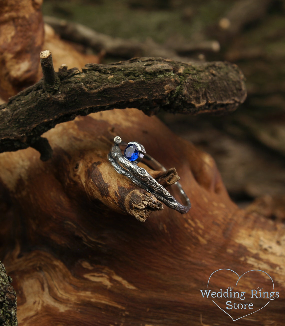 Fantasy Sapphire on the Side of Silver Branch Engagement Ring