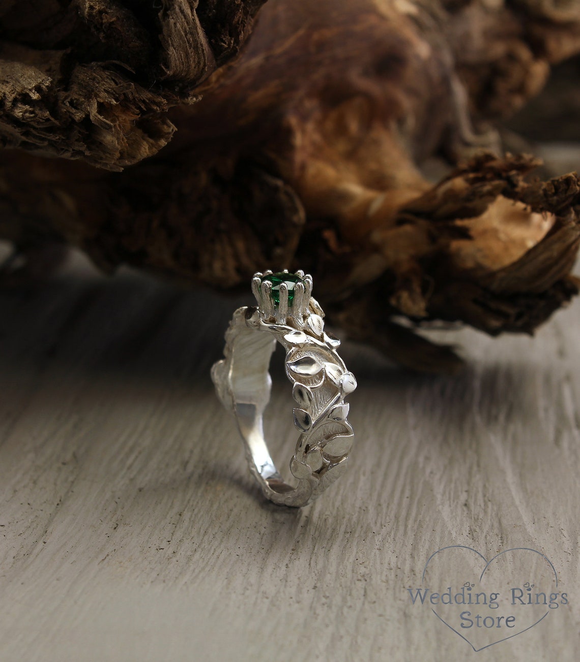 Silver Twig and many Leaves Engagement Ring with Emerald