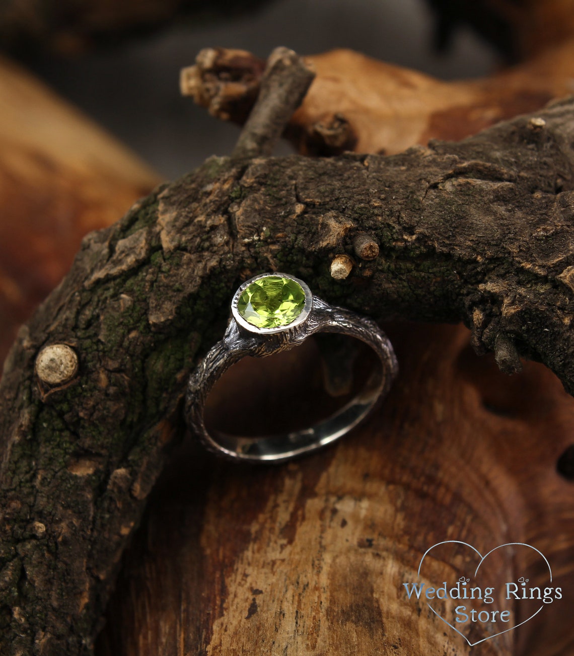 Big Bezel Peridot with Simple Silver Woodbark Earthy Ring