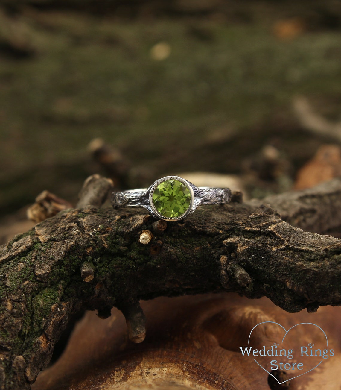 Big Bezel Peridot with Simple Silver Woodbark Earthy Ring