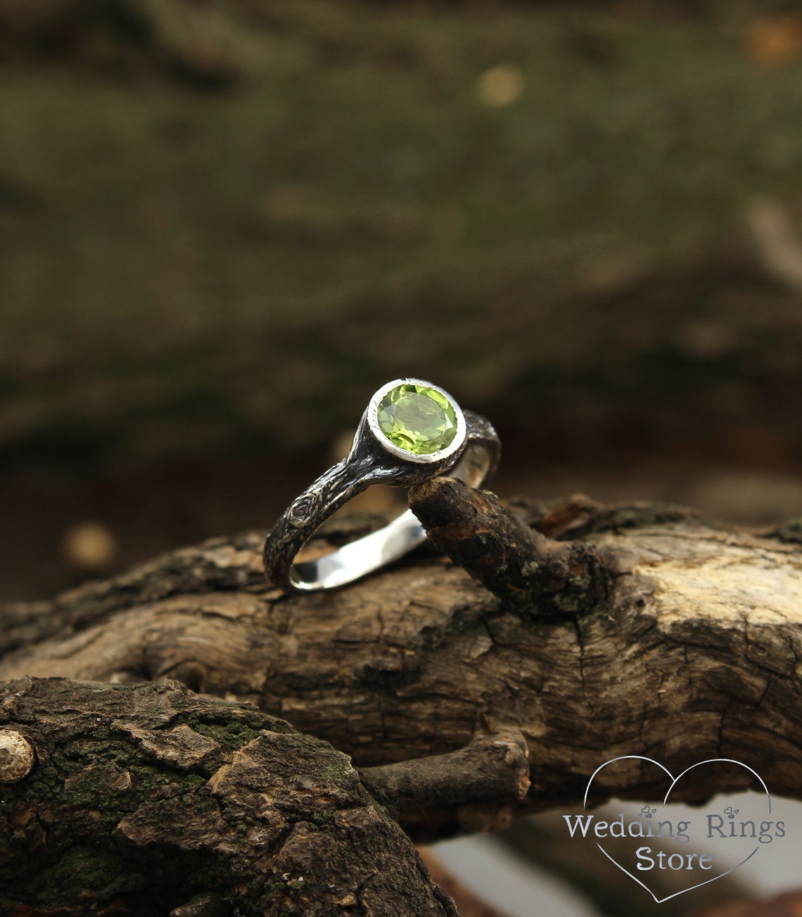 Big Bezel Peridot with Simple Silver Woodbark Earthy Ring