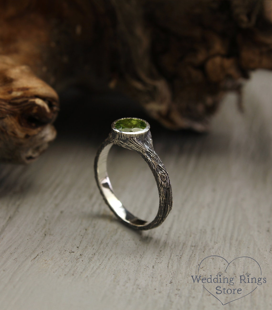 Big Bezel Peridot with Simple Silver Woodbark Earthy Ring