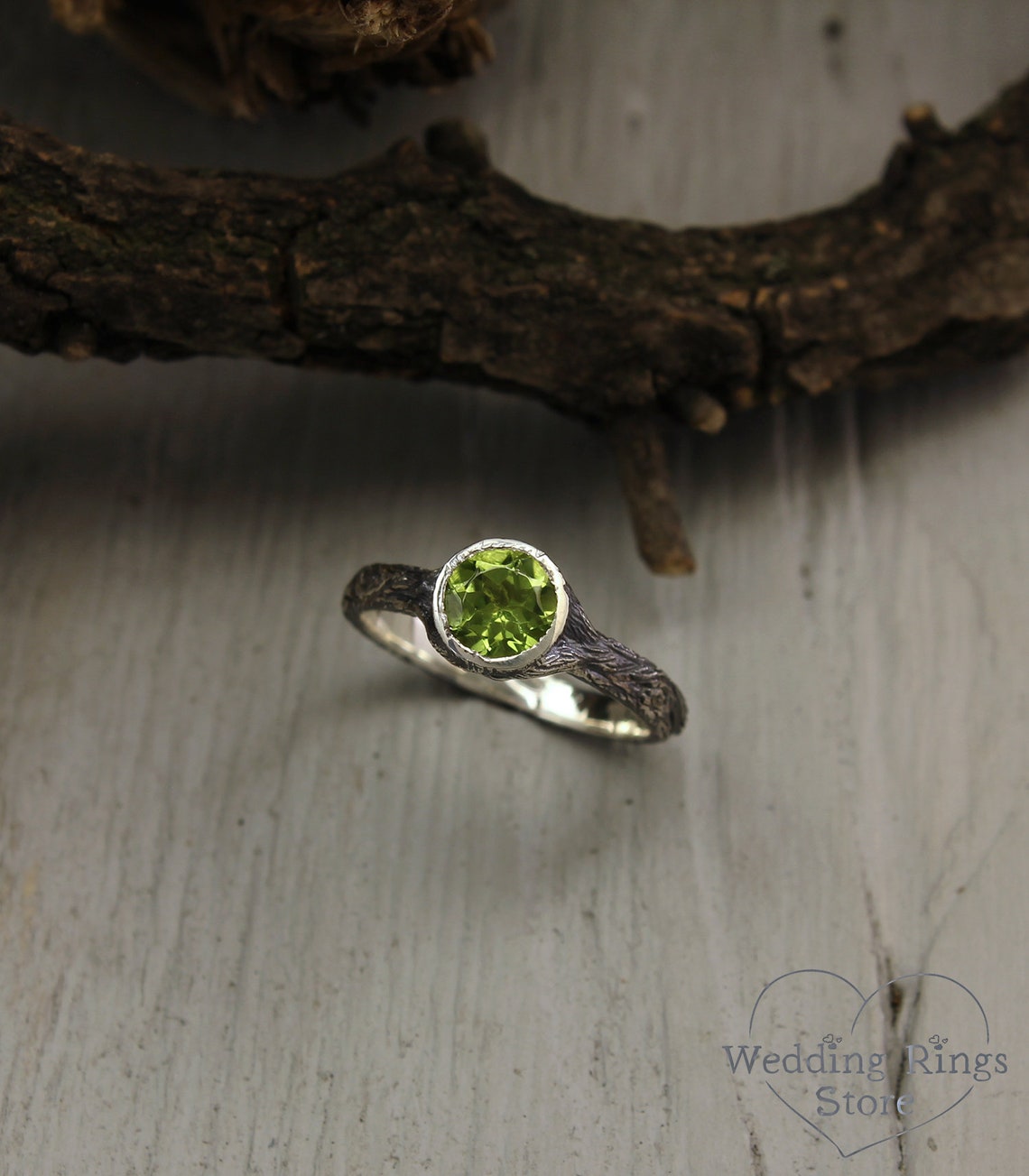 Big Bezel Peridot with Simple Silver Woodbark Earthy Ring