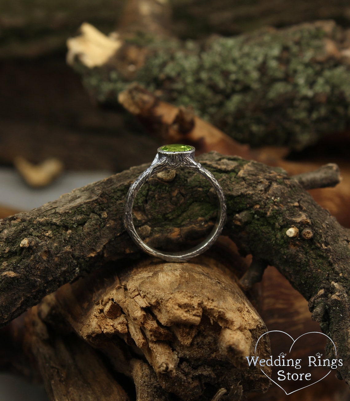 Big Bezel Peridot with Simple Silver Woodbark Earthy Ring