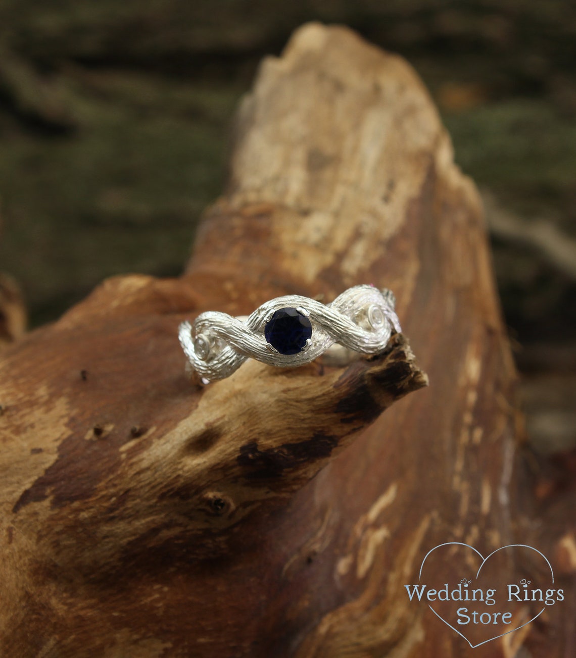 Silver Braided Branches Sapphire Engagement Ring