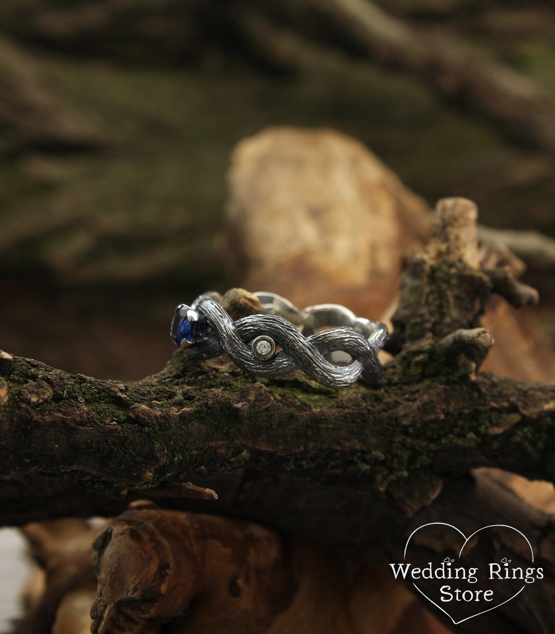 Silver Braided Branches Sapphire Engagement Ring