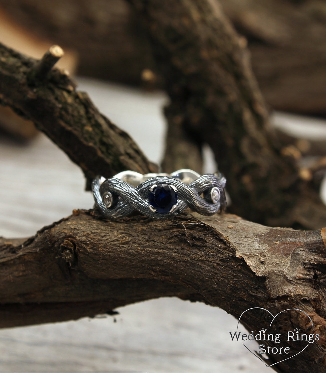 Silver Braided Branches Sapphire Engagement Ring