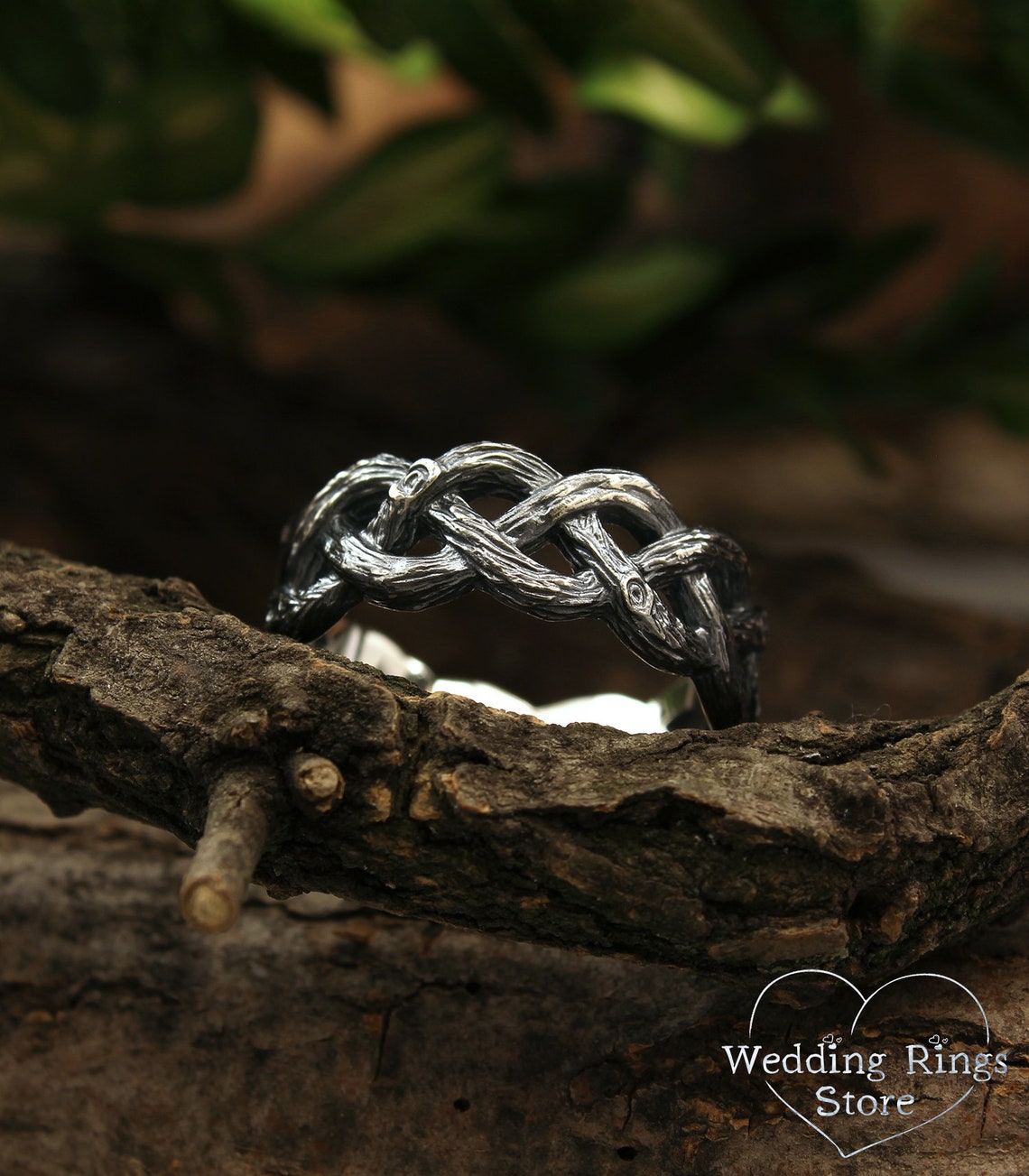 Silver Braided Forest Tree Large Wedding Band