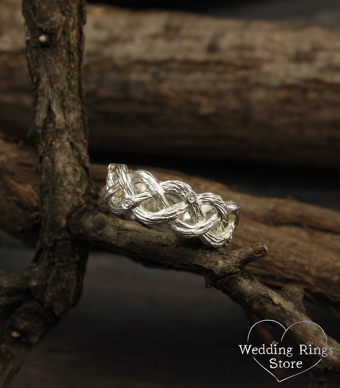 Silver Braided Forest Tree Large Wedding Band