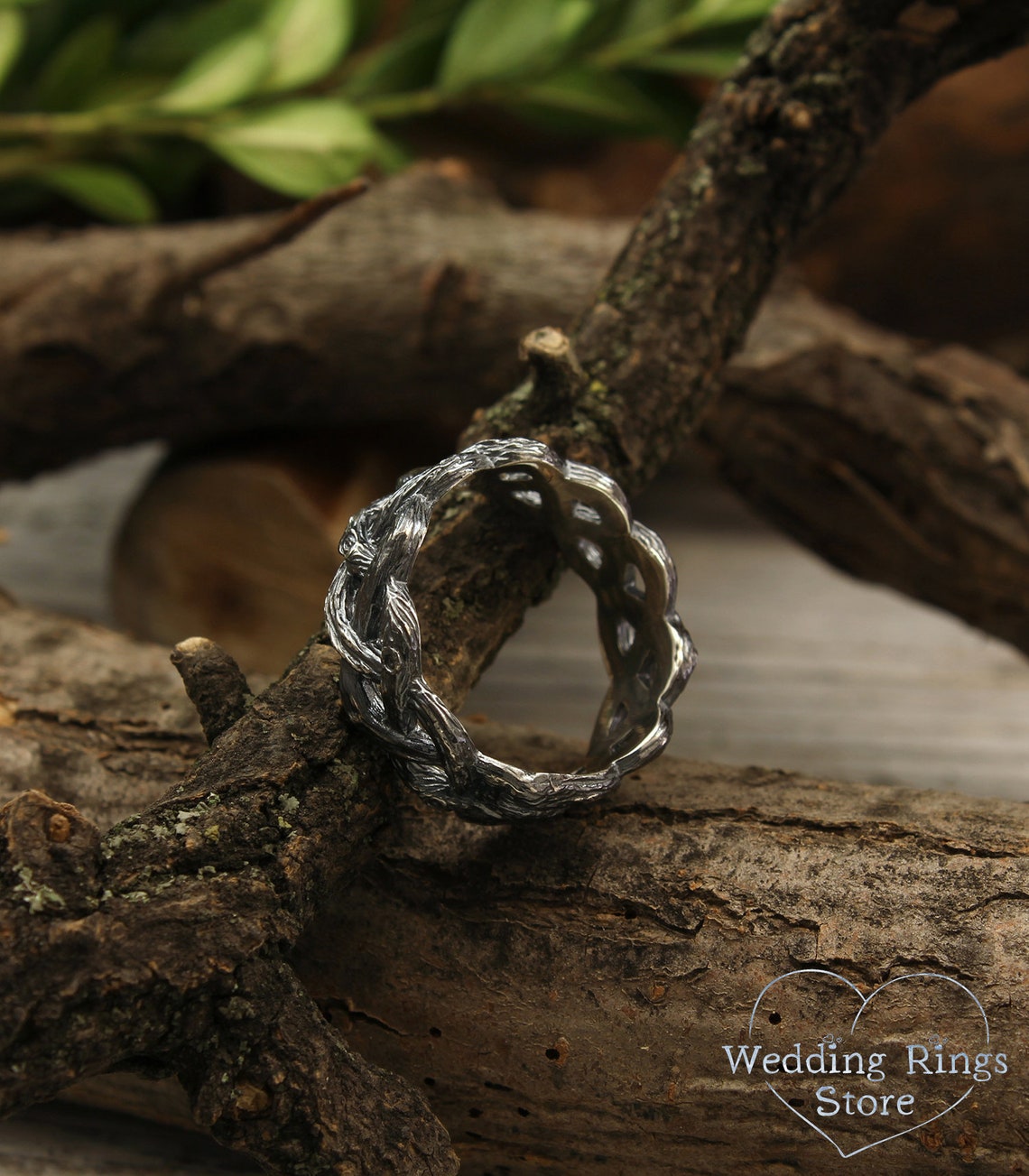 Silver Braided Forest Tree Large Wedding Band