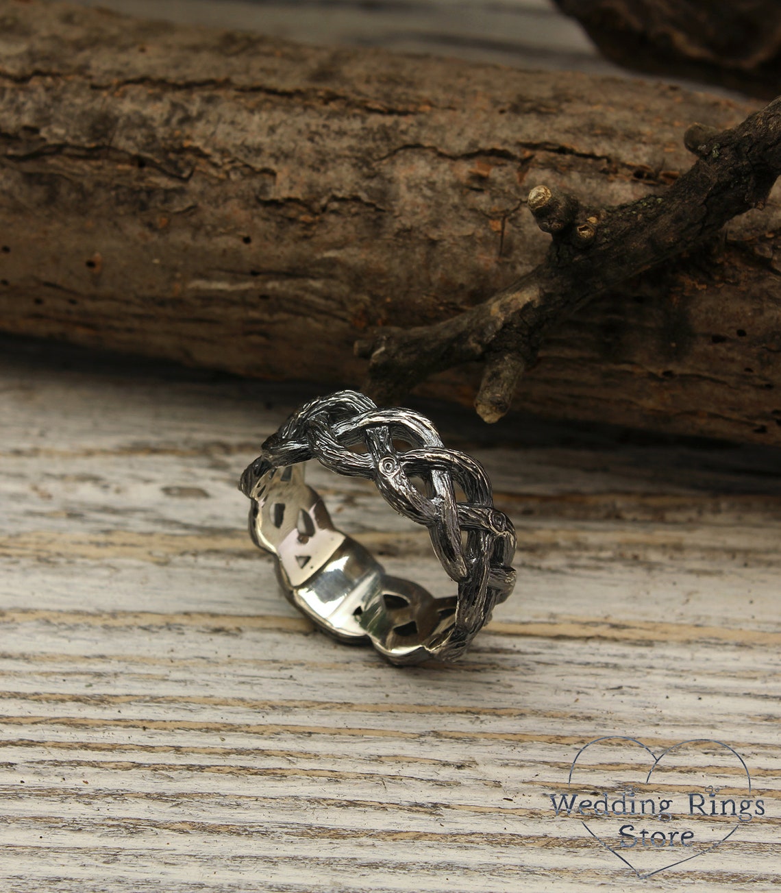 Silver Braided Forest Tree Large Wedding Band