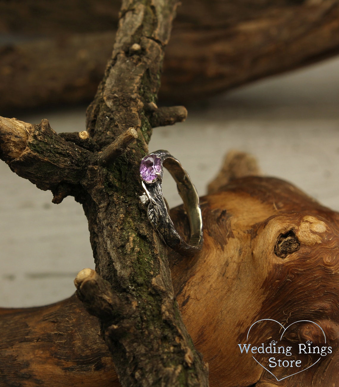 Oval Amethyst Branch and Leaves Engagement Ring with Accents