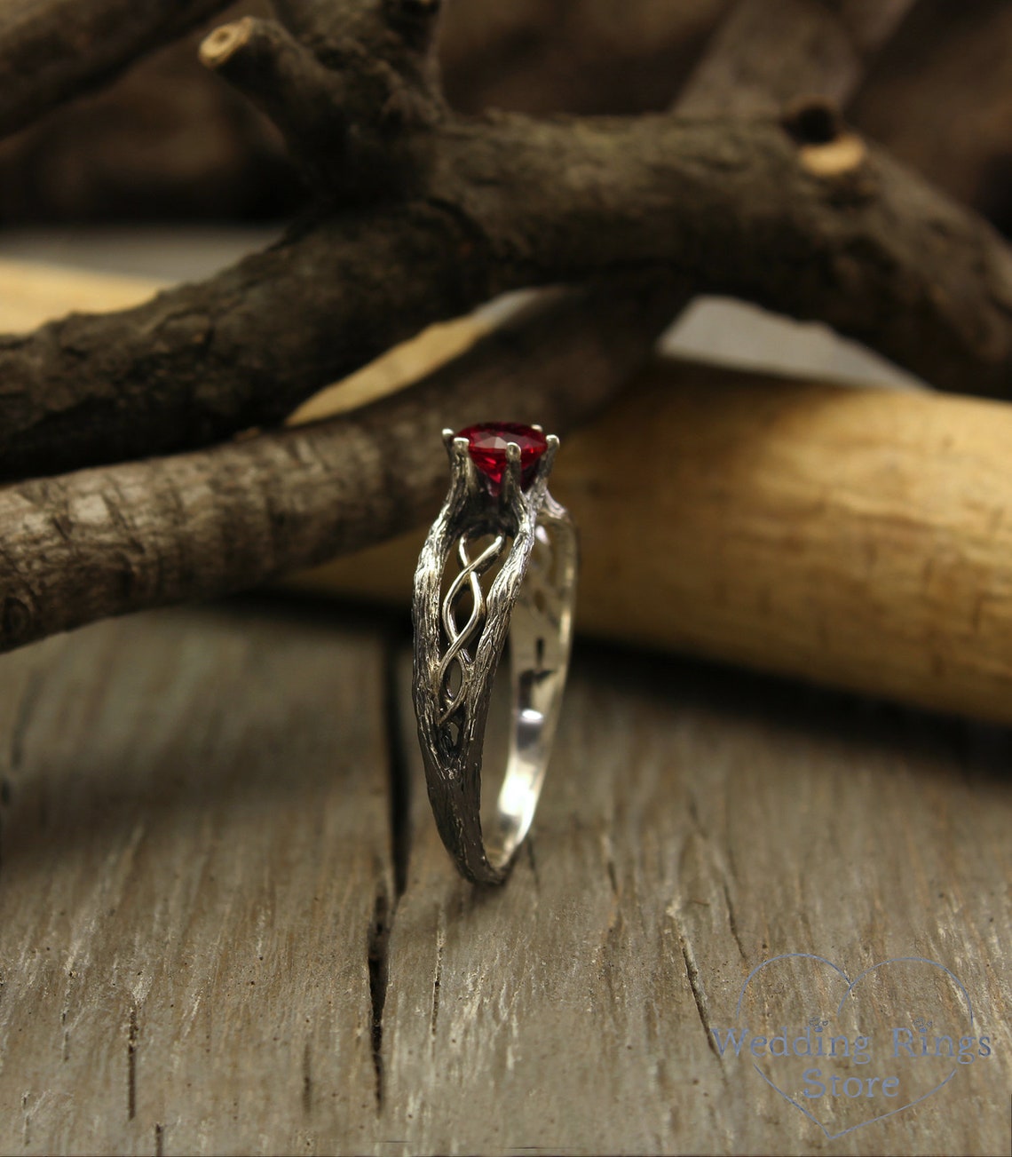 Dainty Ruby with Silver Infinity Branch Engagement Ring