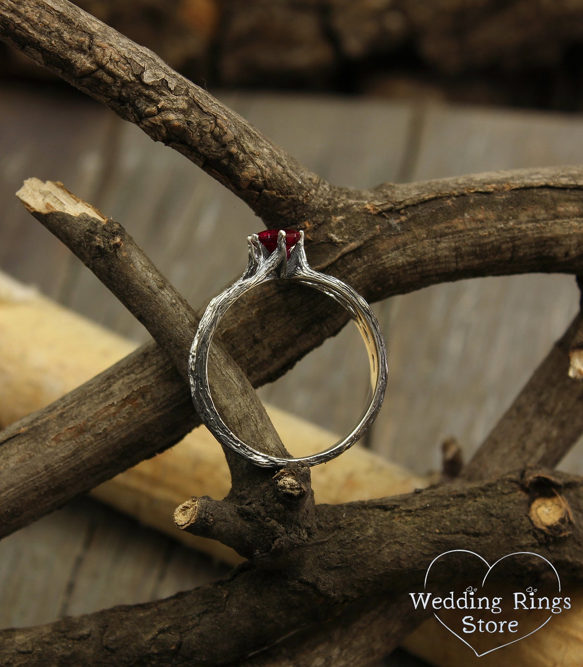 Dainty Ruby with Silver Infinity Branch Engagement Ring