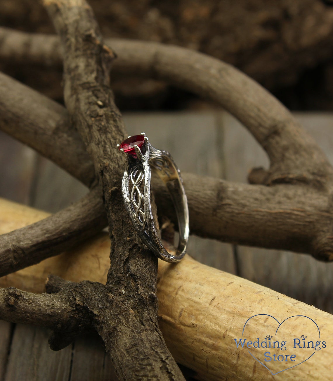 Dainty Ruby with Silver Infinity Branch Engagement Ring