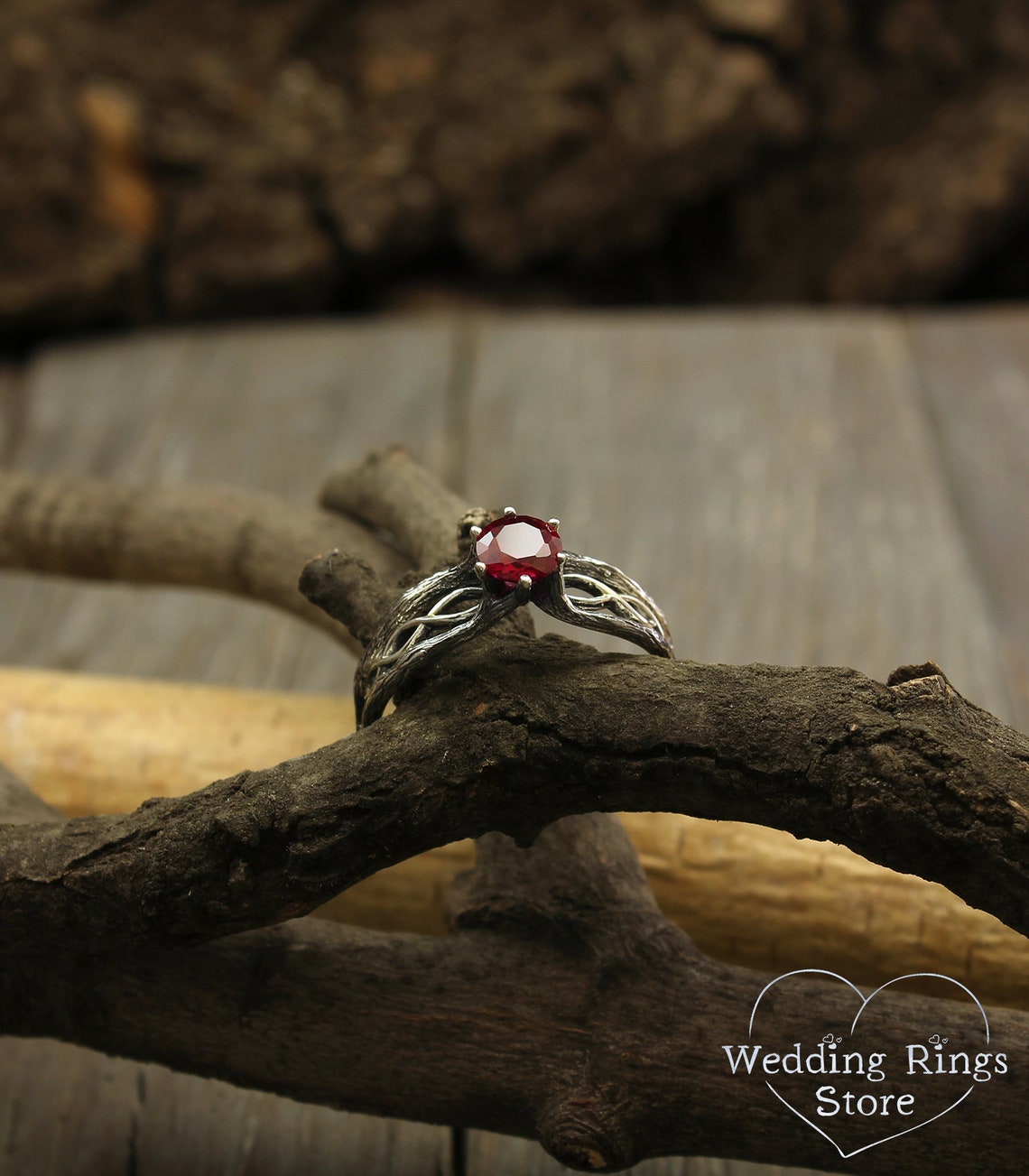 Dainty Ruby with Silver Infinity Branch Engagement Ring