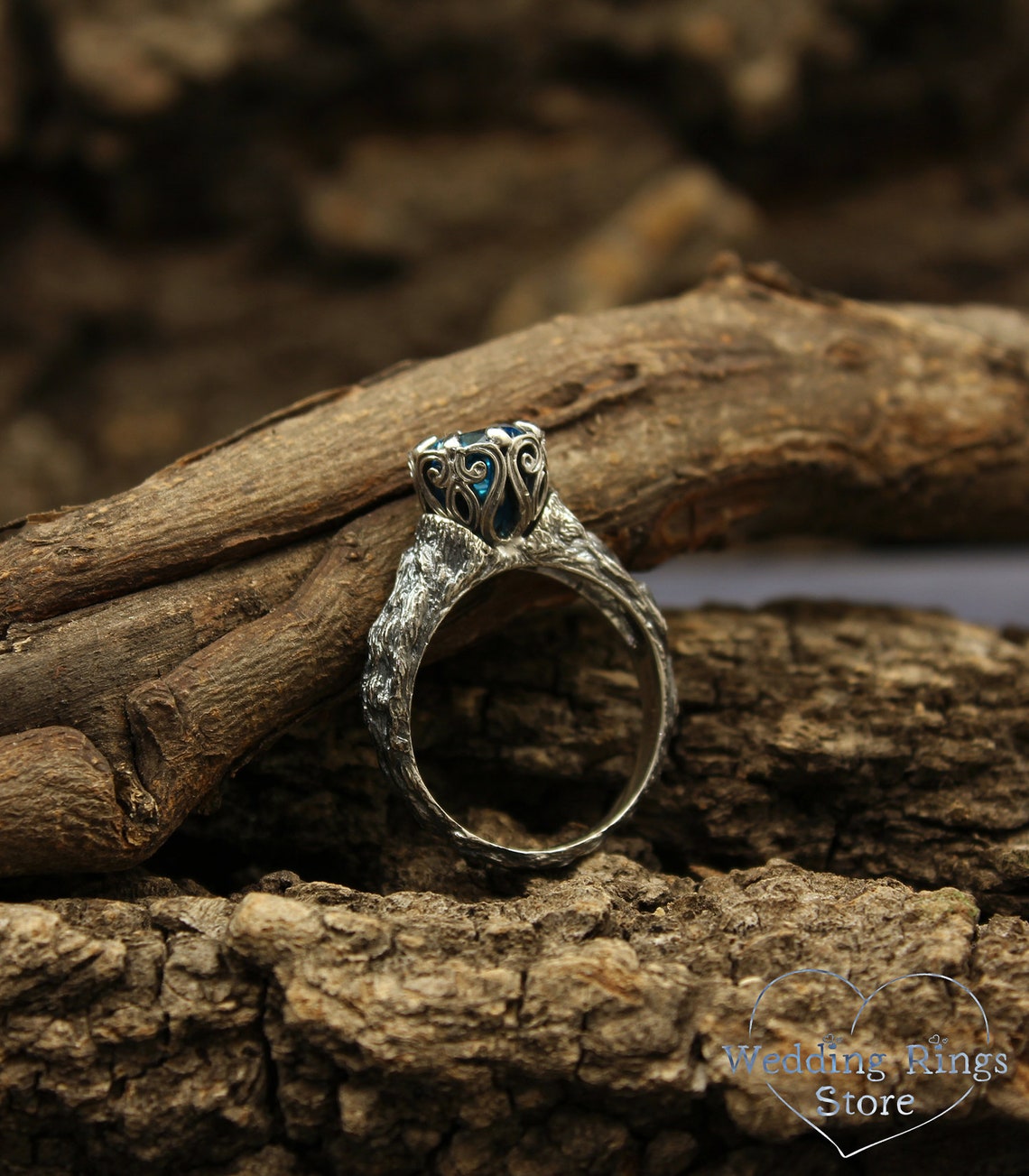 Bright Topaz & Vintage Style Twig Silver Engagement Ring