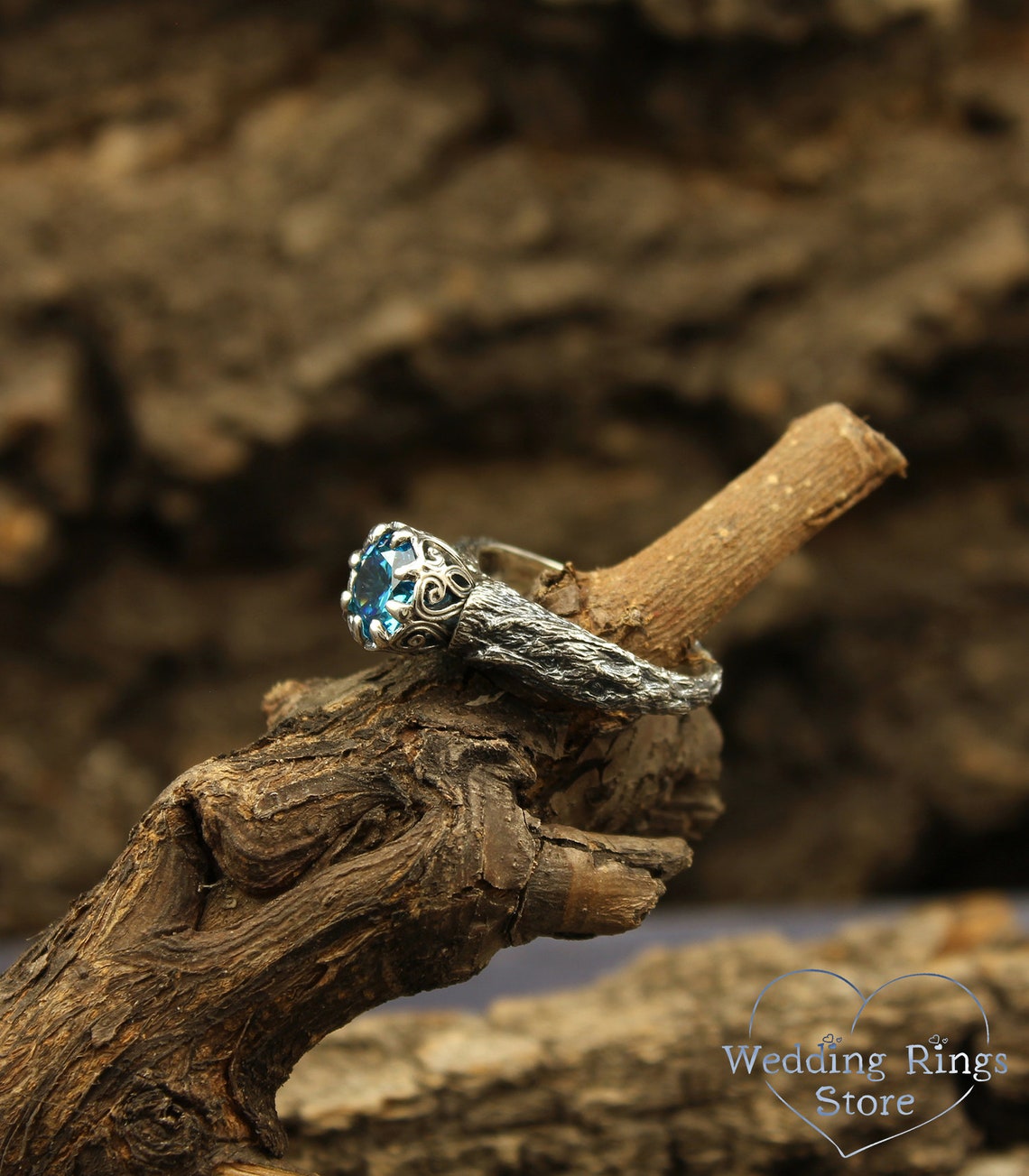 Bright Topaz & Vintage Style Twig Silver Engagement Ring