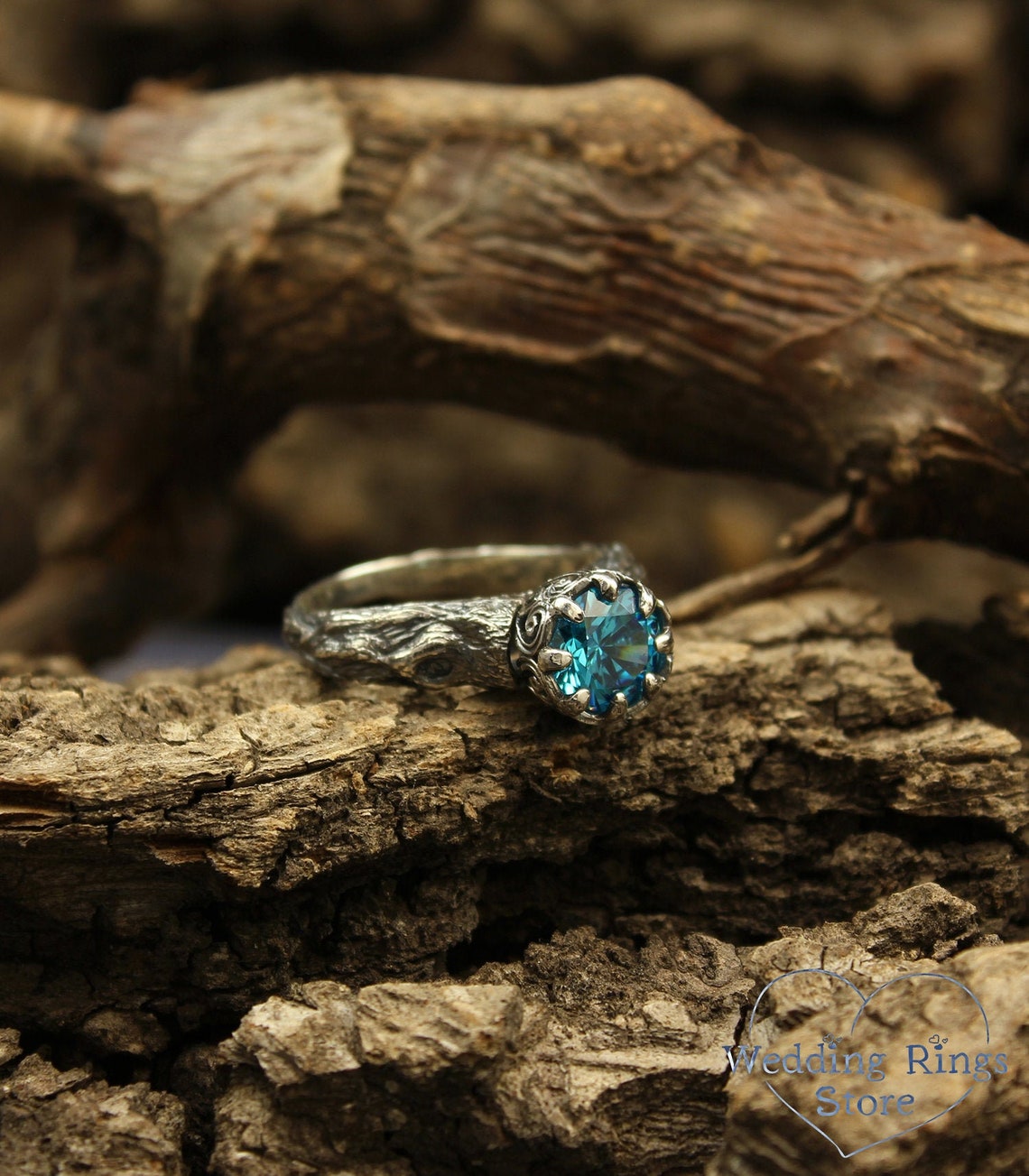 Bright Topaz & Vintage Style Twig Silver Engagement Ring