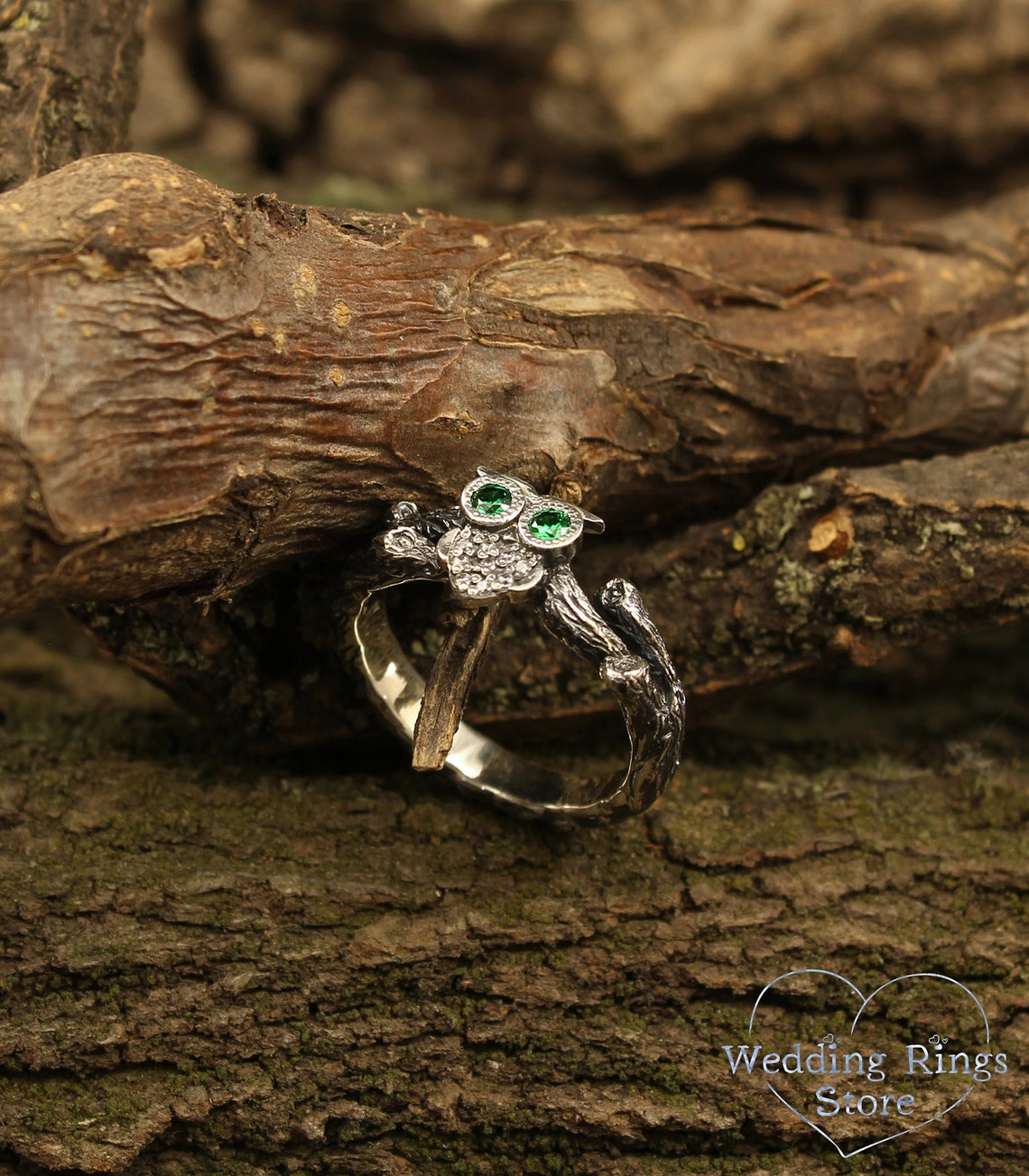 Owl on the Branch Silver Engagement Ring with Emeralds