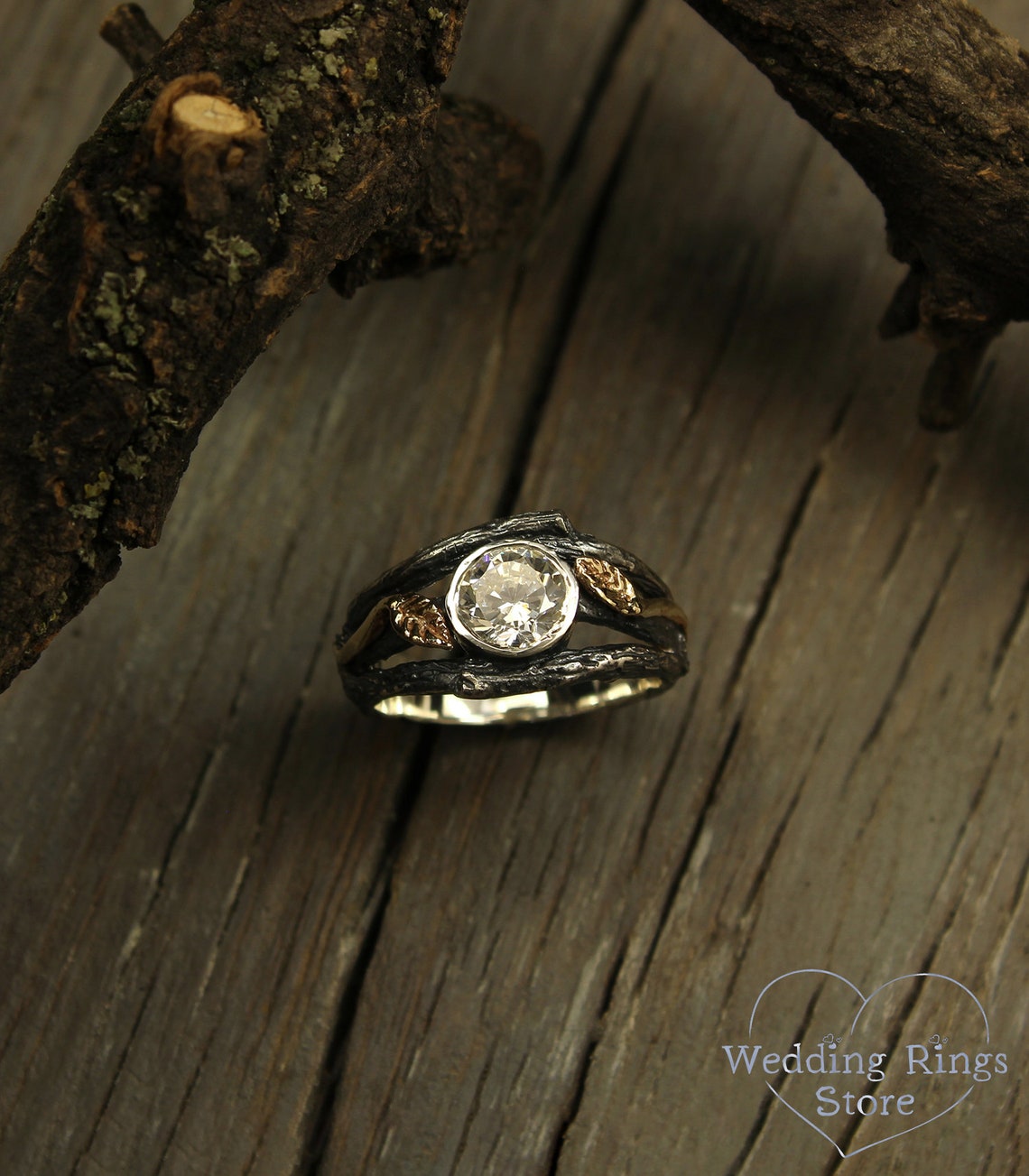 Bezel Gemstone Silver Branch Engagement Ring and Gold Leaves