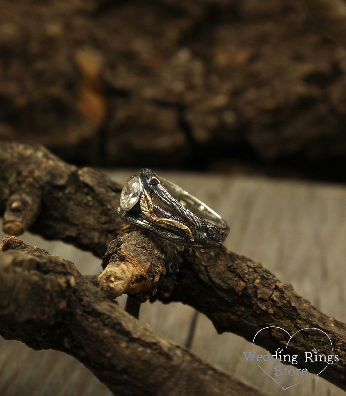 Bezel Gemstone Silver Branch Engagement Ring and Gold Leaves