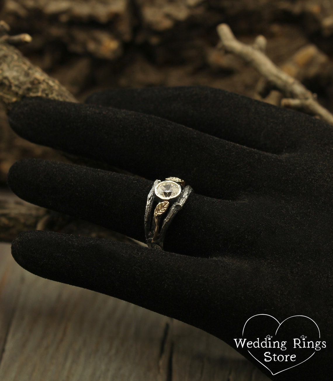 Bezel Gemstone Silver Branch Engagement Ring and Gold Leaves