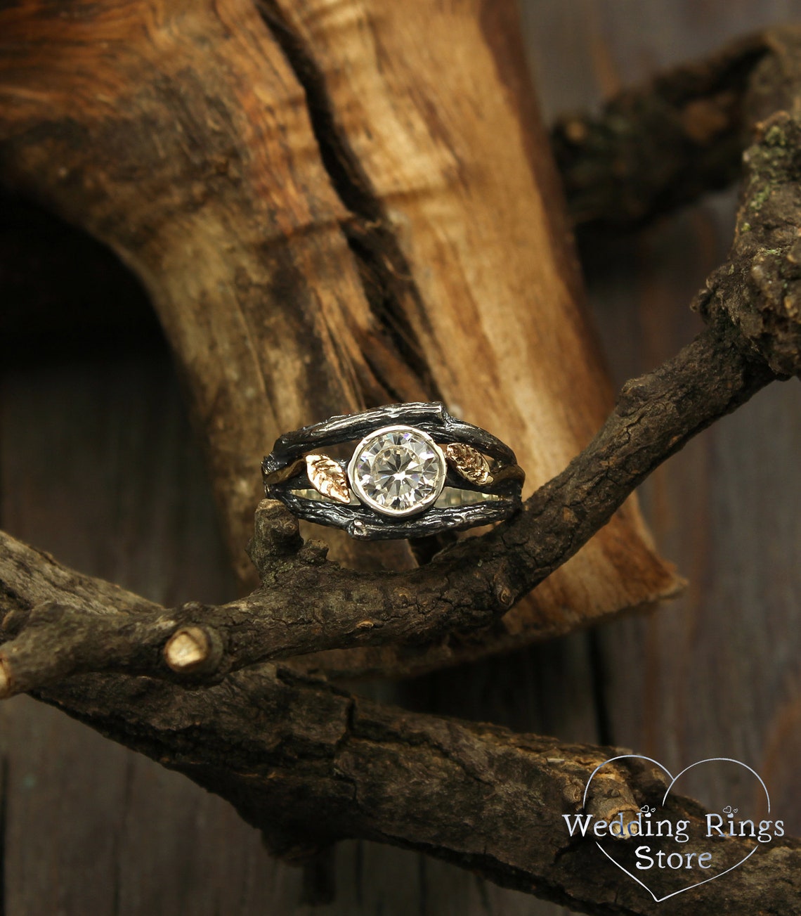 Bezel Gemstone Silver Branch Engagement Ring and Gold Leaves