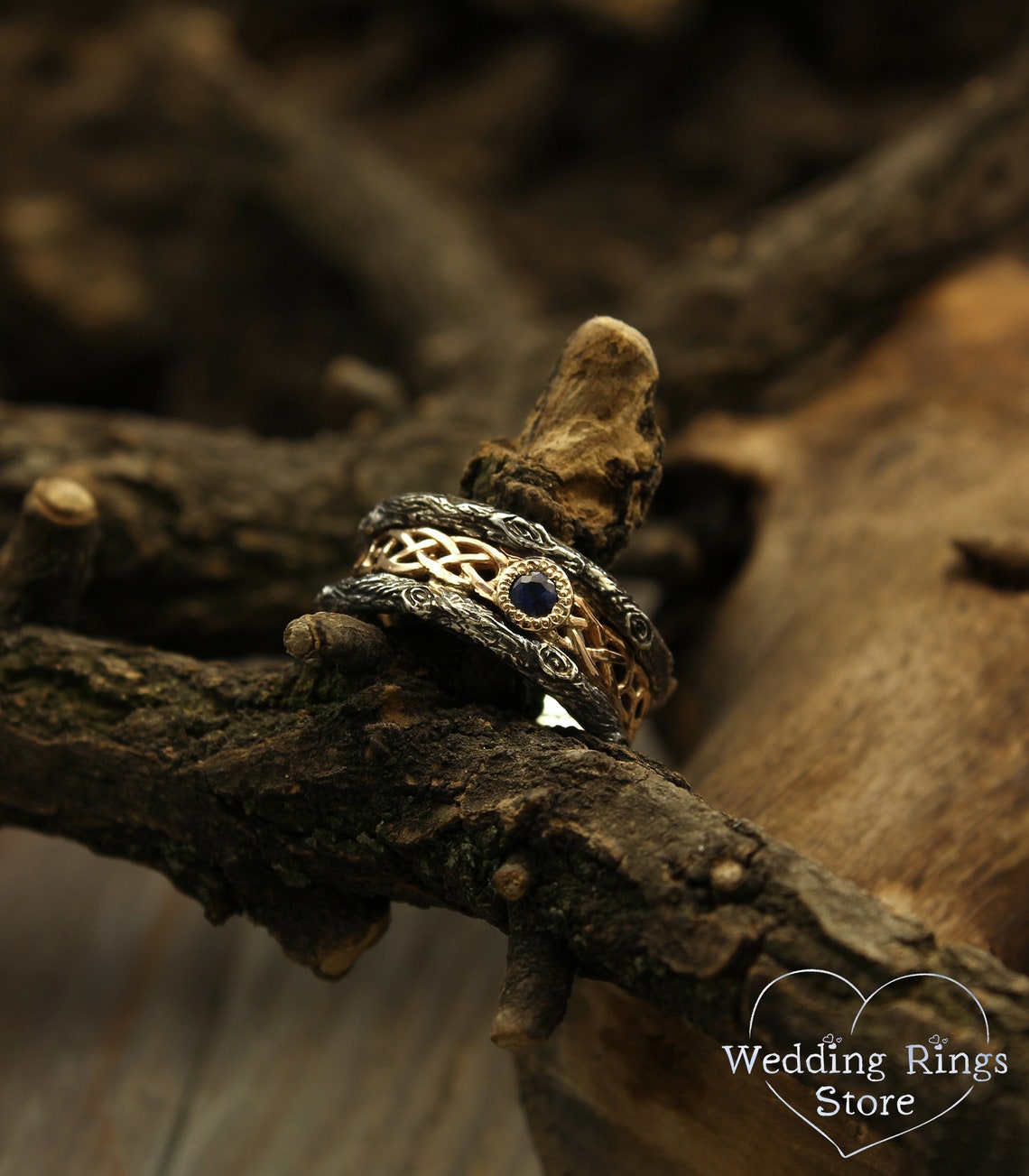 Woodgrain Style and Celtic pattern Mixed Metals Sapphire Wedding Band