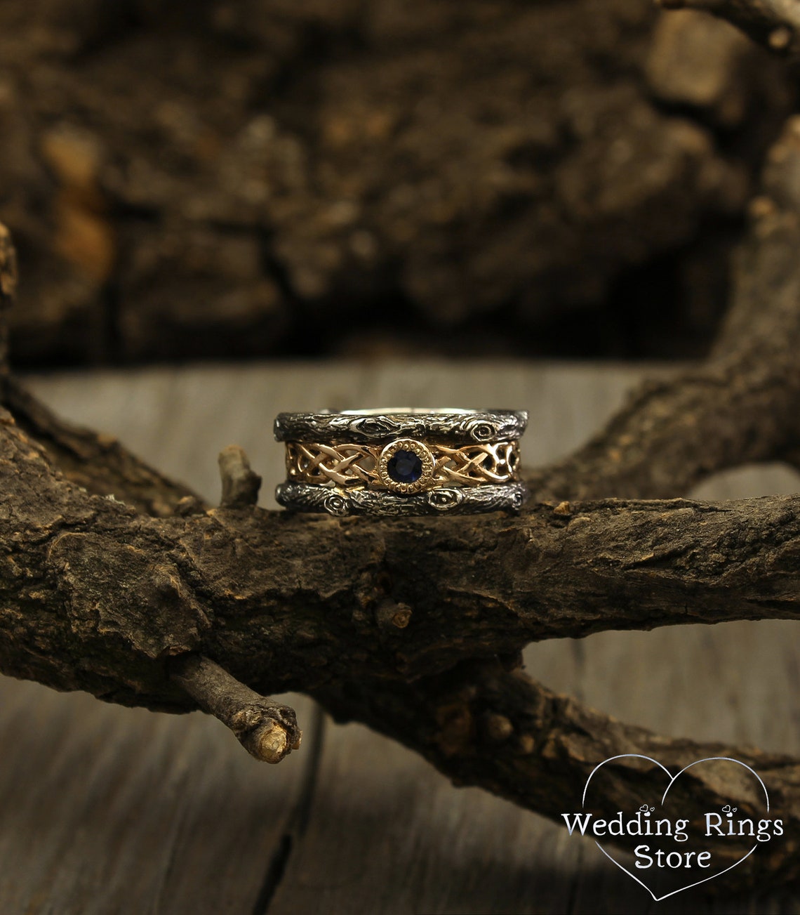 Woodgrain Style and Celtic pattern Mixed Metals Sapphire Wedding Band