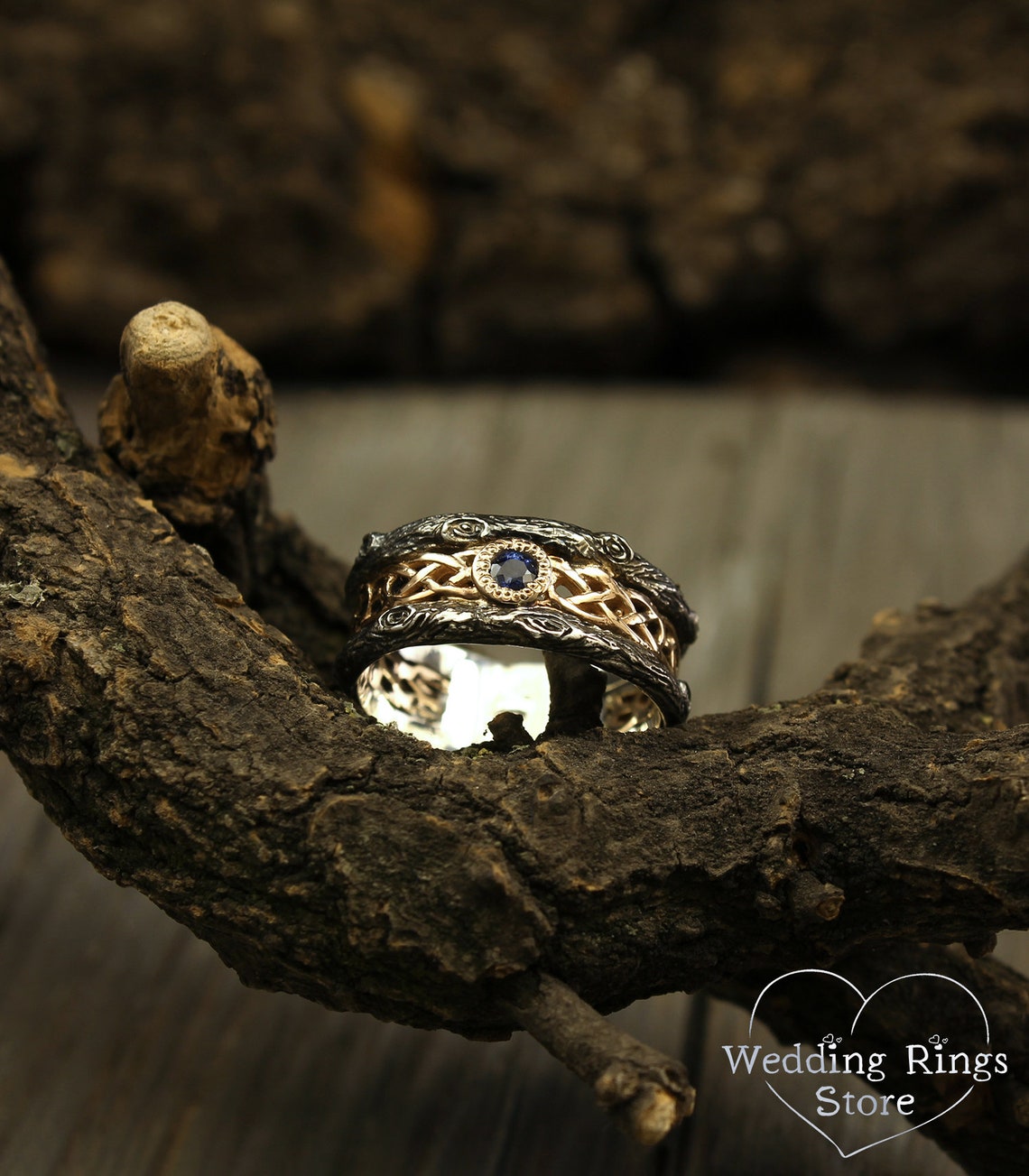 Woodgrain Style and Celtic pattern Mixed Metals Sapphire Wedding Band