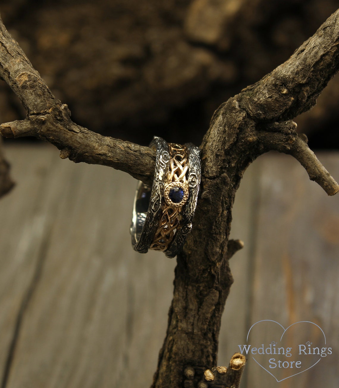 Woodgrain Style and Celtic pattern Mixed Metals Sapphire Wedding Band