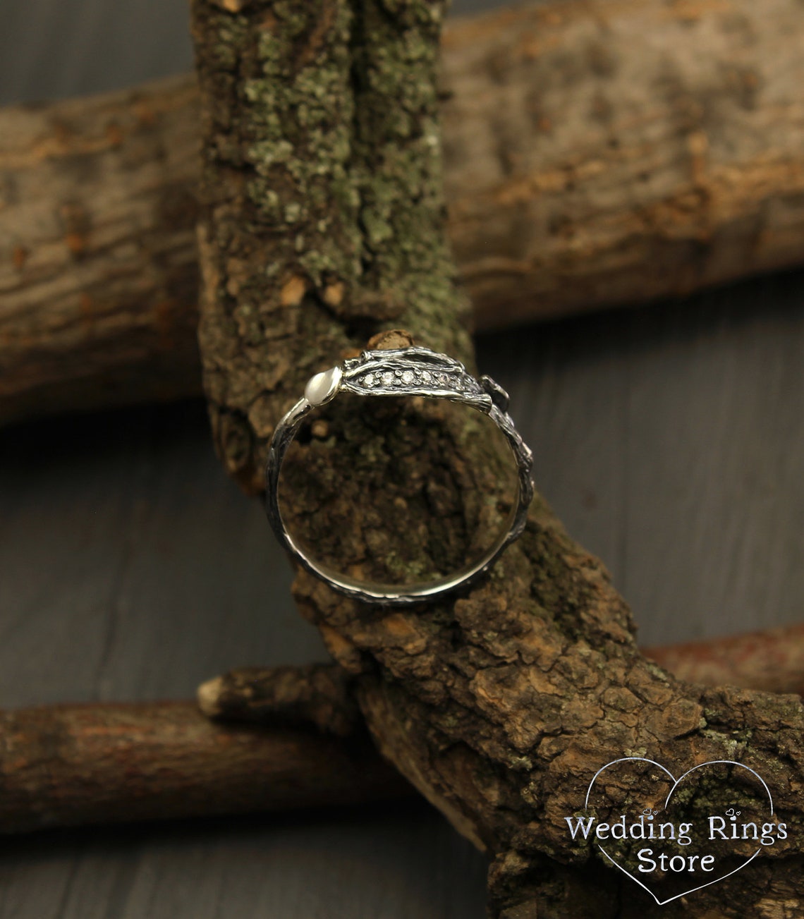 Stones on a Dainty Split Silver Branch & Leaves Cute Ring