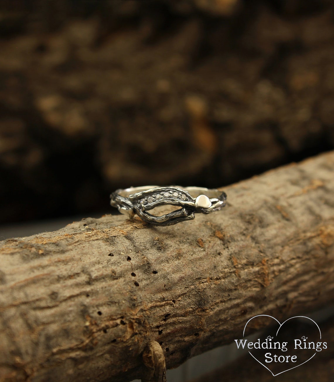 Stones on a Dainty Split Silver Branch & Leaves Cute Ring