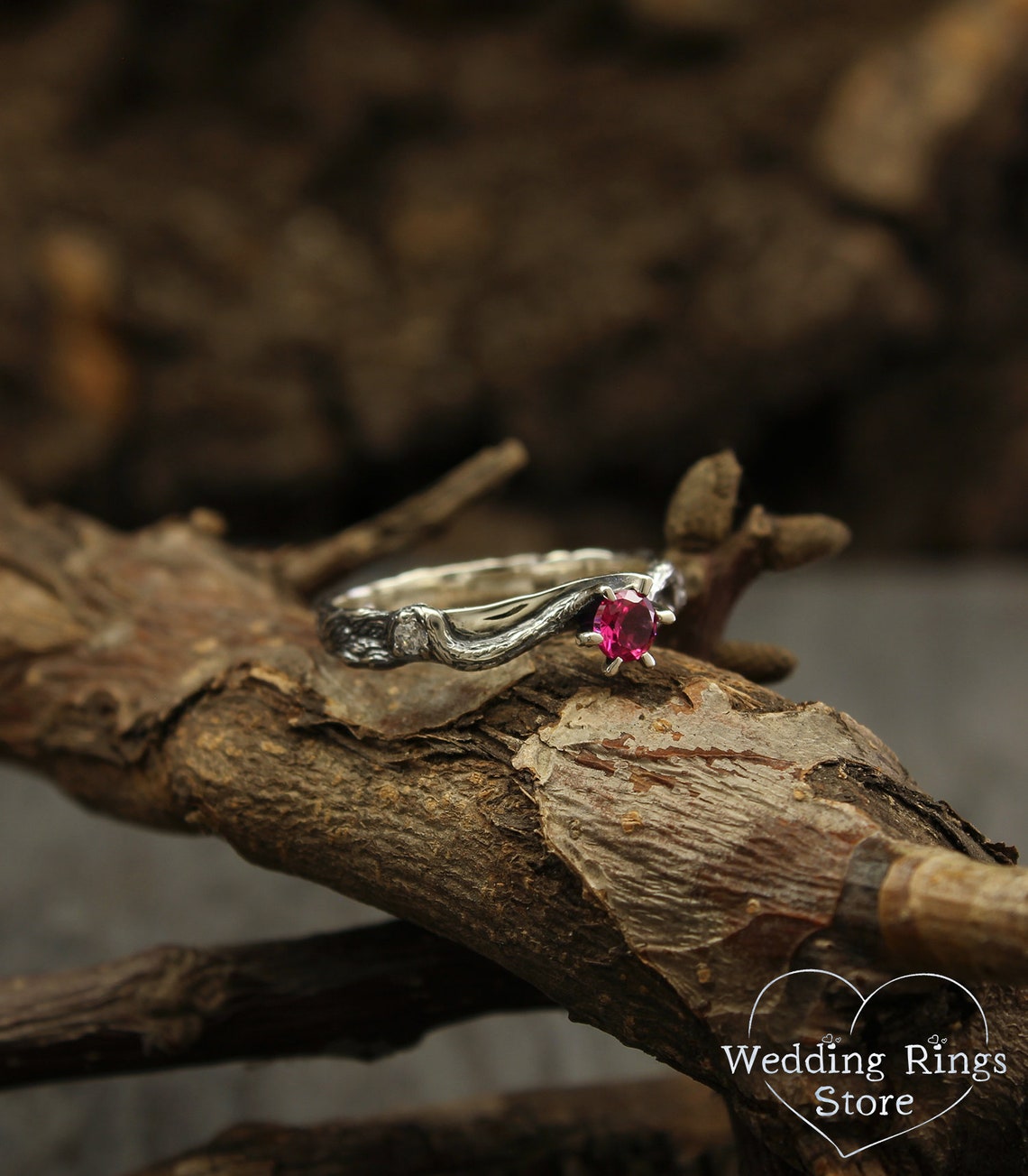 Stunning Round Ruby Engagement Ring & Silver Branch