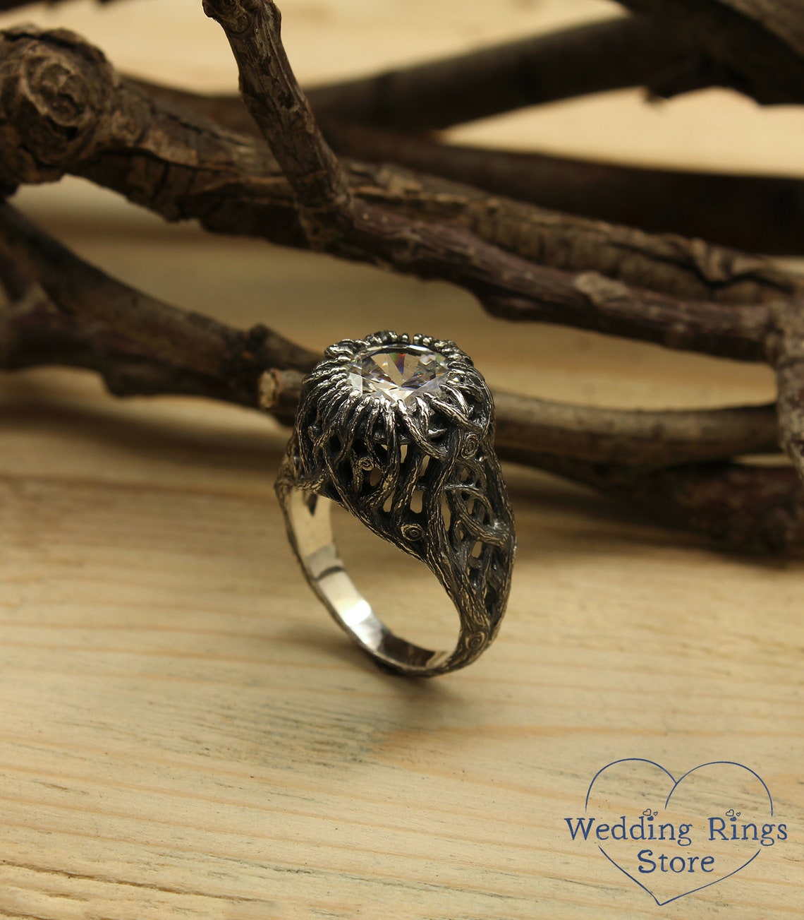 Wild Forest Braided Silver Branches & 10 mm Gemstone Coctail Ring