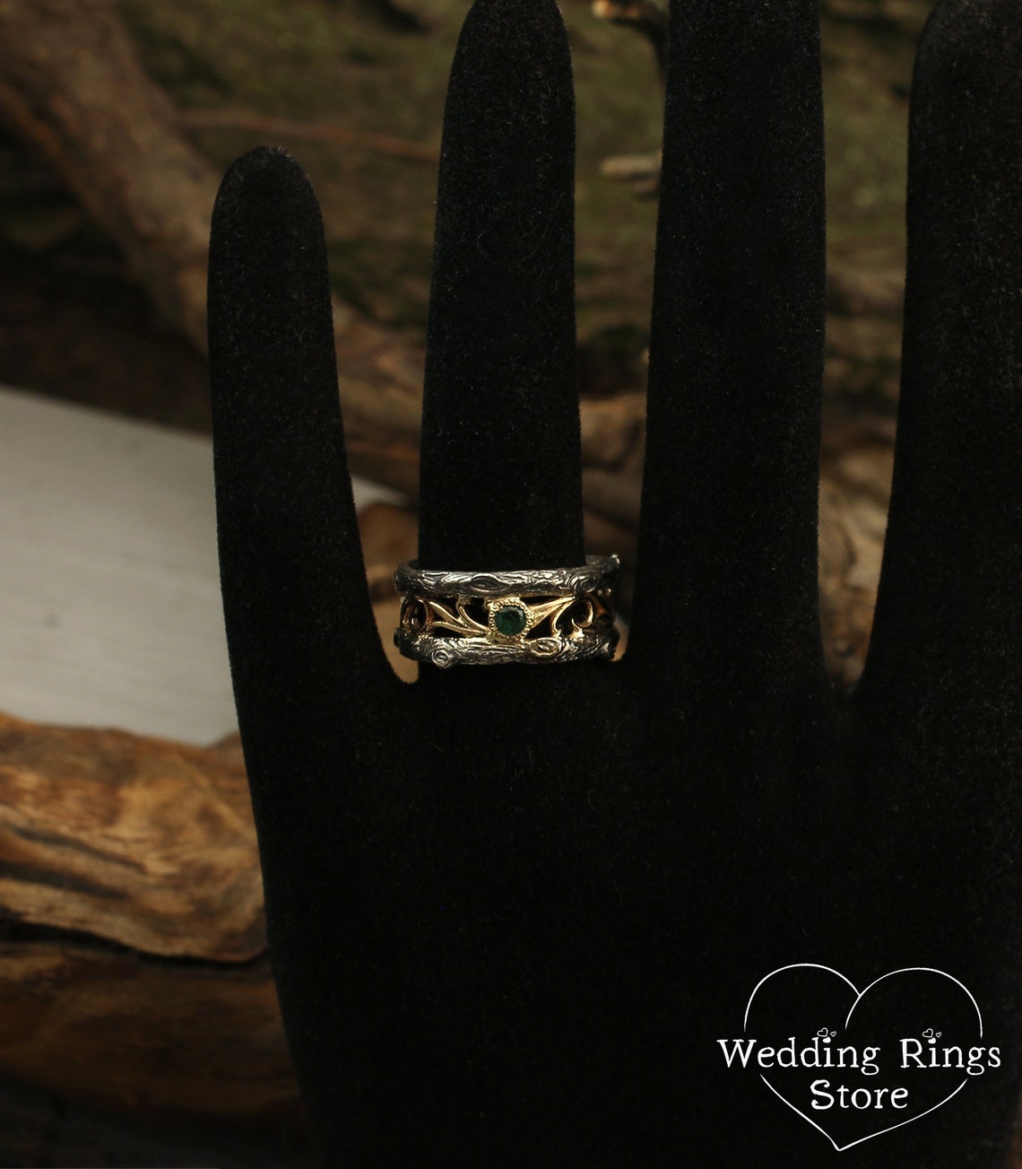 Vintage Mixed Metals Vine & Tree Emerald Wedding Ring