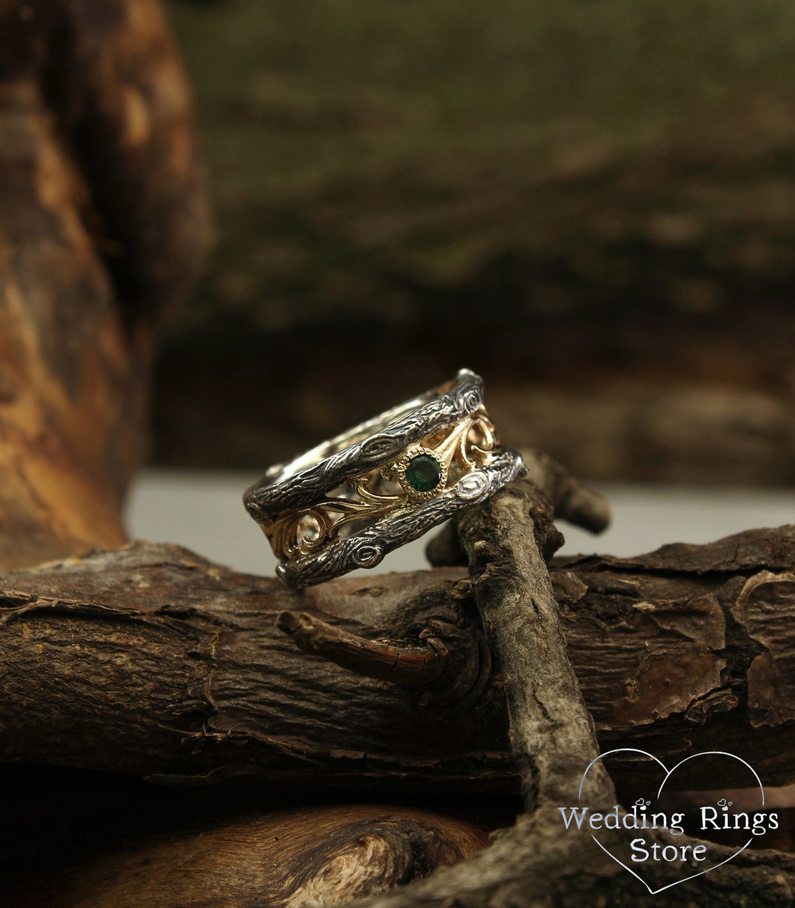 Vintage Mixed Metals Vine & Tree Emerald Wedding Ring