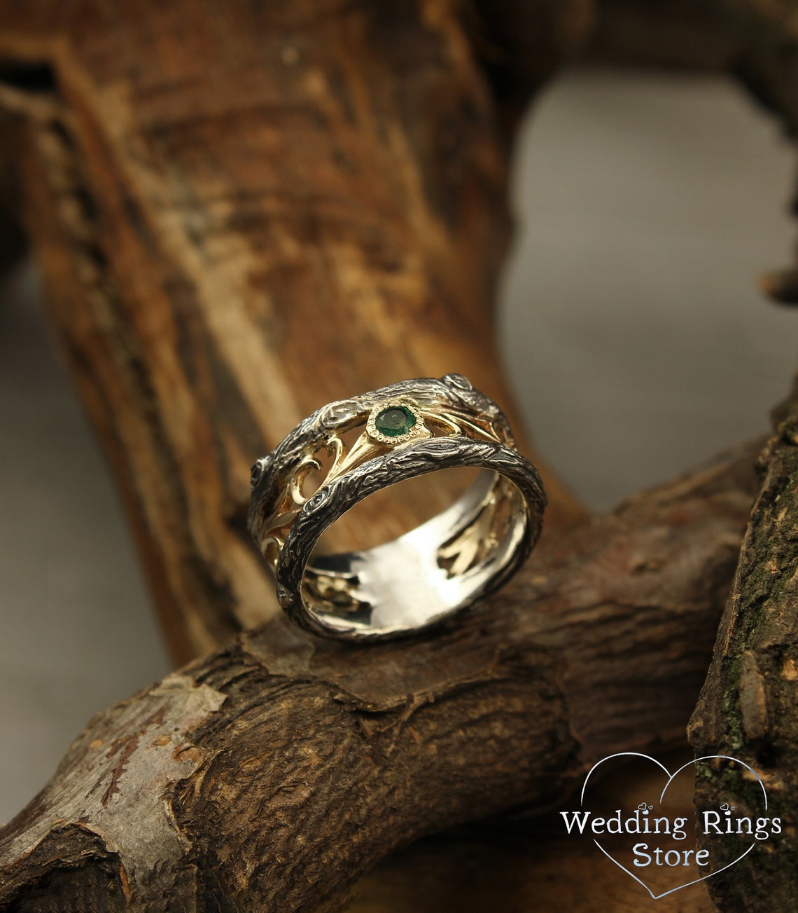 Vintage Mixed Metals Vine & Tree Emerald Wedding Ring