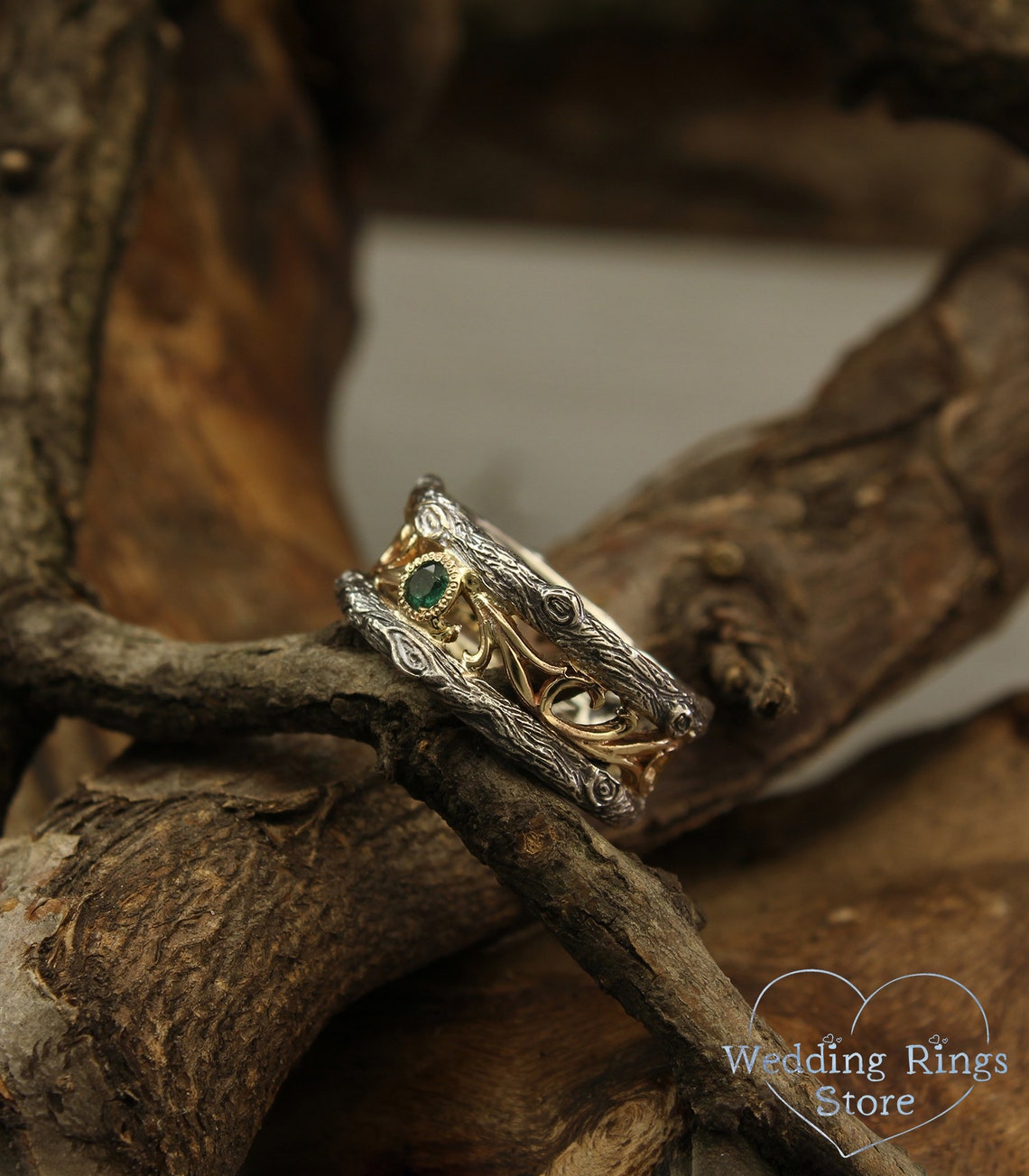 Vintage Mixed Metals Vine & Tree Emerald Wedding Ring