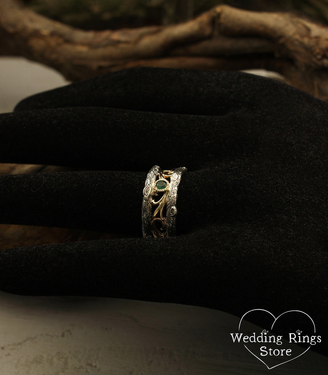 Vintage Mixed Metals Vine & Tree Emerald Wedding Ring