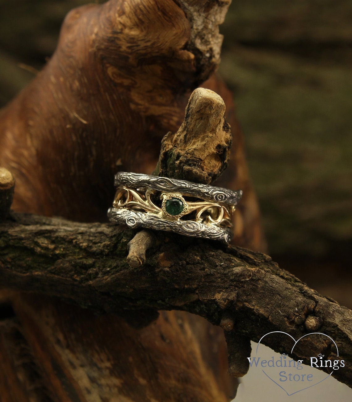 Vintage Mixed Metals Vine & Tree Emerald Wedding Ring