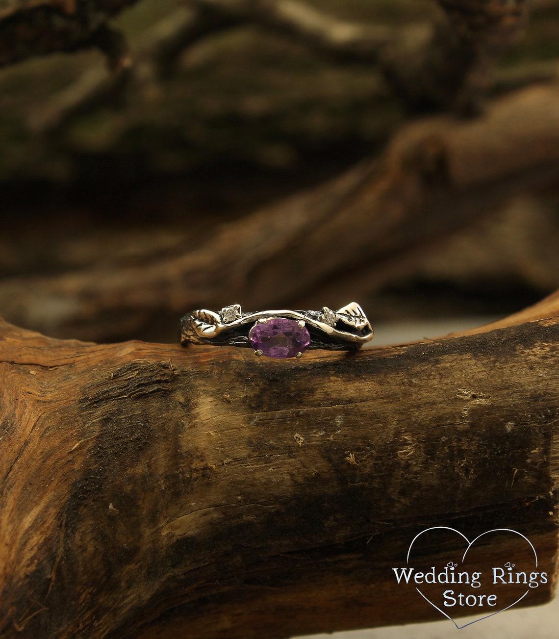 Oval Amethyst Branch and Leaves Engagement Ring with Accents