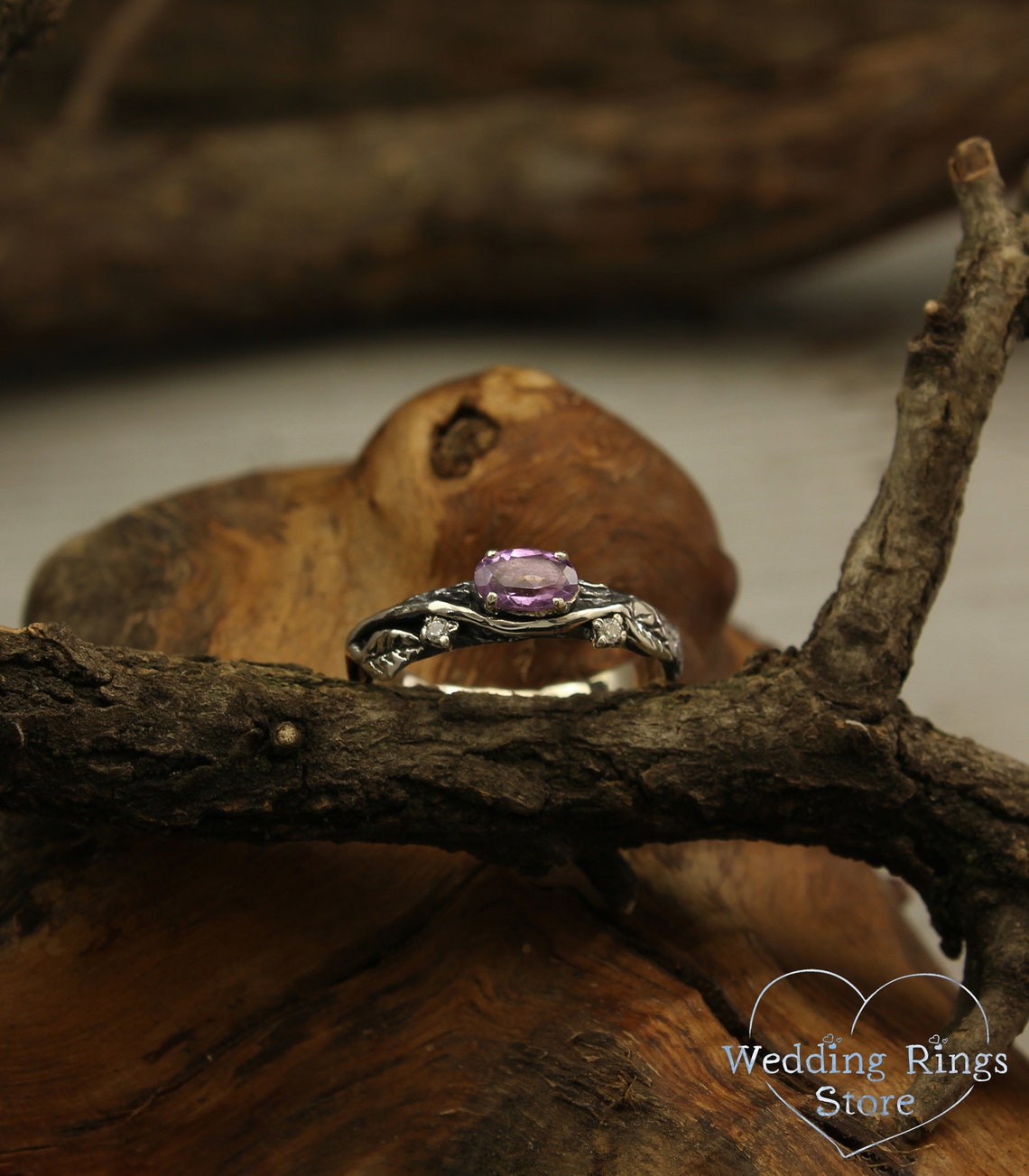 Oval Amethyst Branch and Leaves Engagement Ring with Accents