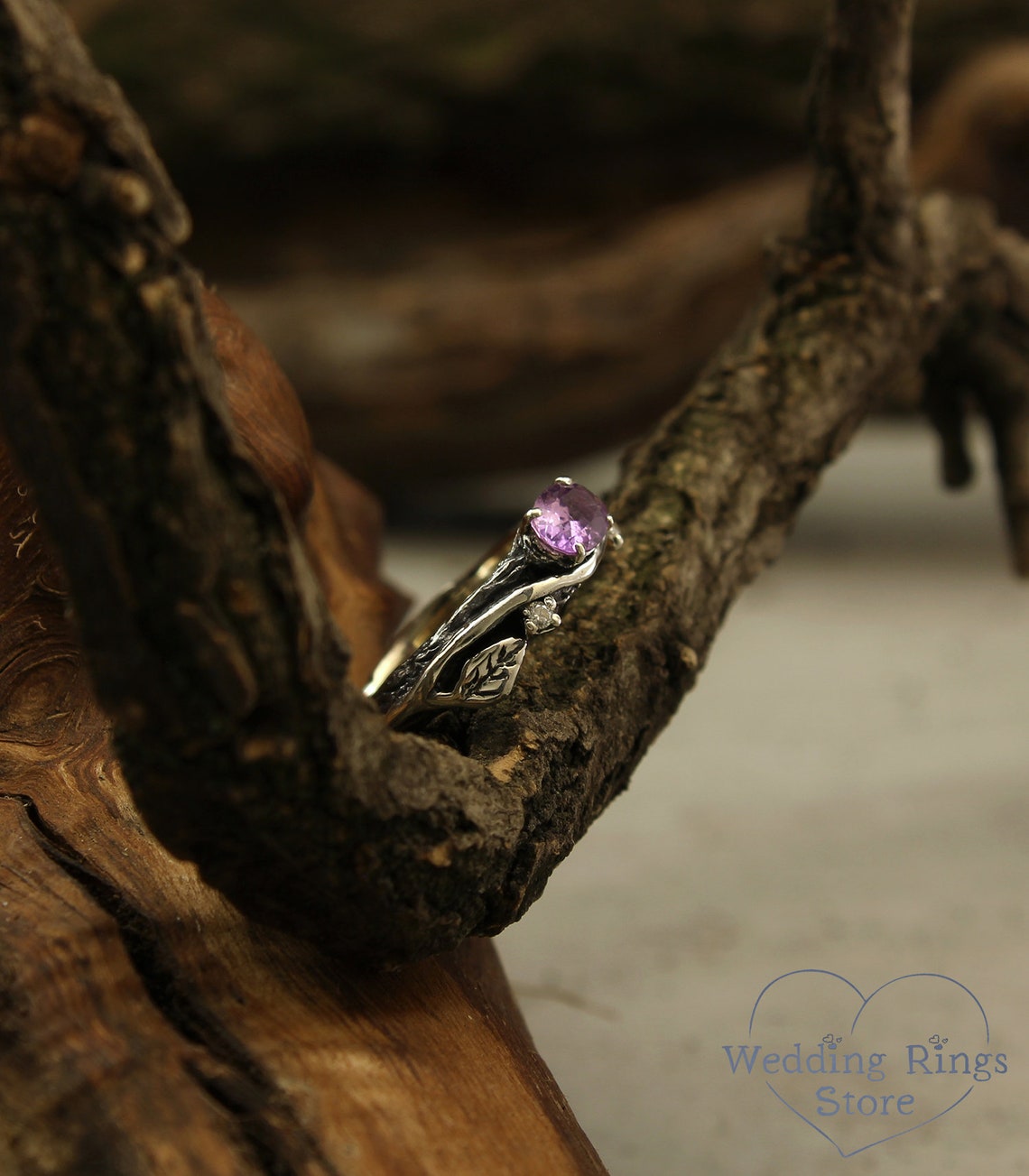 Oval Amethyst Branch and Leaves Engagement Ring with Accents