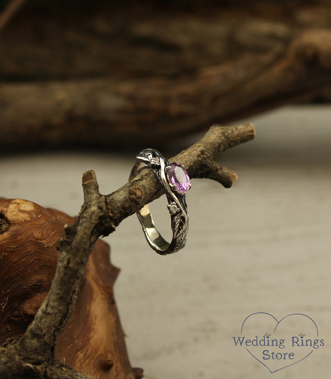 Oval Amethyst Branch and Leaves Engagement Ring with Accents