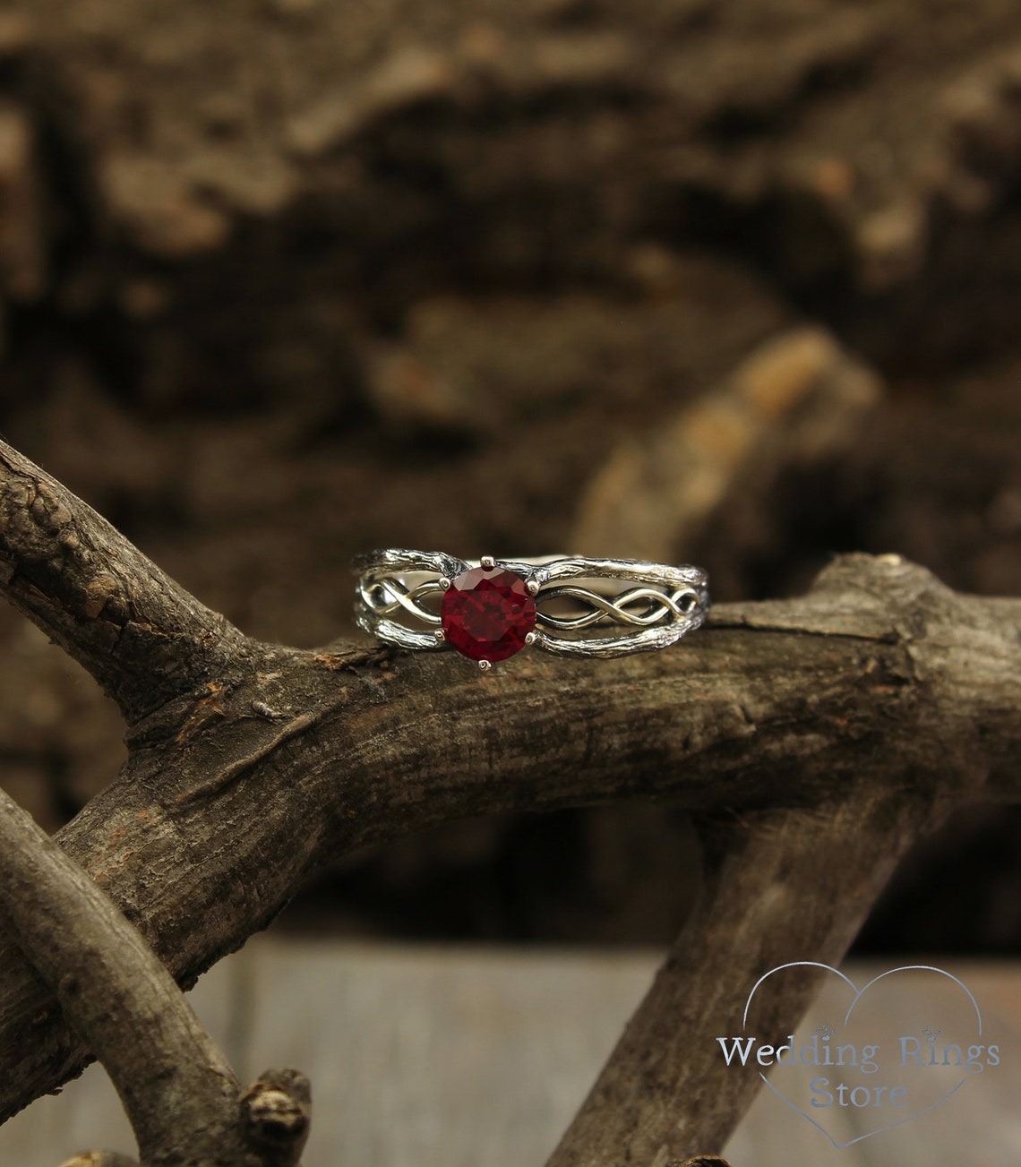 Dainty Ruby with Silver Infinity Branch Engagement Ring