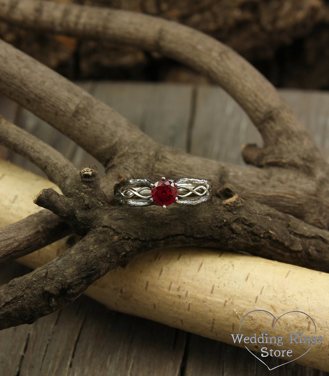 Dainty Ruby with Silver Infinity Branch Engagement Ring